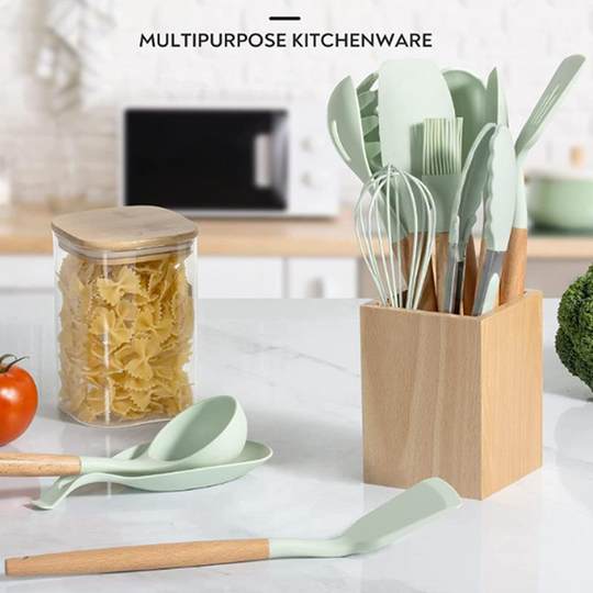 Utensilios de cocina de silicona, juego de 12 piezas, mango de madera, cuchara de cocina, pala, utensilios de cocina de madera, cubo, utensilios de cocina, espátula para verduras, juego de cucharas para sopa