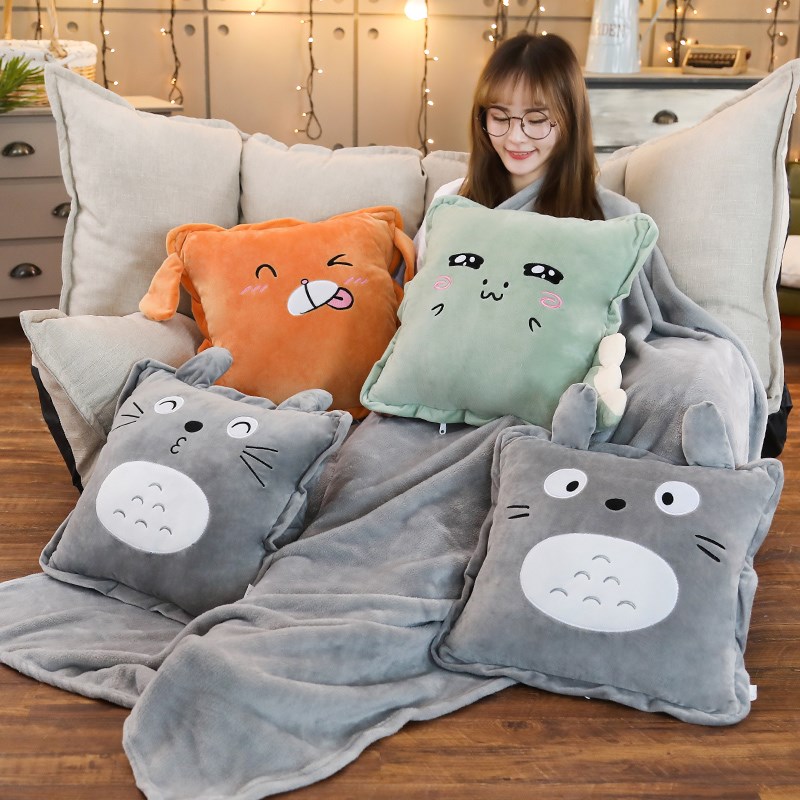 Small blanket vehicle Four Seasons Passable fold Pillow Quilted Two-in-one Dragon Cat Coral Suede Children On-board Cartoon
