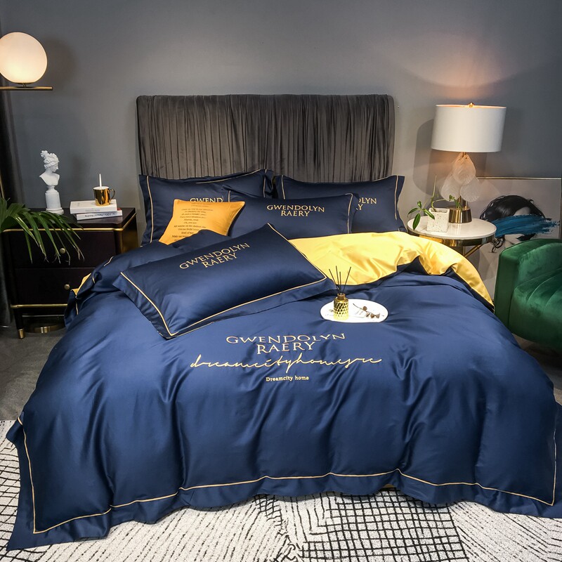 Light extravagant pure color All cotton four pieces 60s Xinjiang gon satin embroidery long suede cotton mesh red European style pure cotton quilt cover sheet