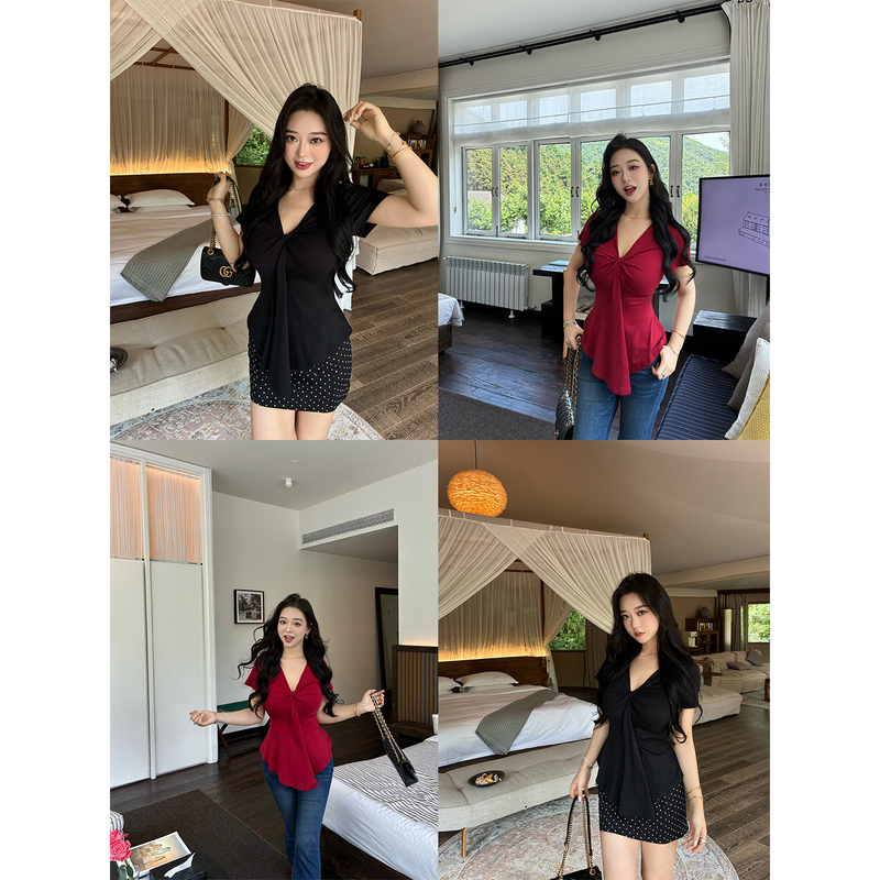 Meaty Little Cherry Neon Trap V-Neck Three-Dimensional Twist Design Top Slightly Chubby Irregular Hem Slim-Fit T-Shirt