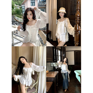 肉装小cherry 缪斯之语 微胖纯欲小白花两穿松紧系带喇叭袖上衣女