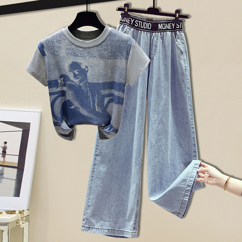 Cool Matching Set of Summer Clothes, Unique and Non-Repetitive, Korean Style, Regular Shoulder Tie-Dye Short-Sleeve T-Shirt and Wide-Leg Jeans Set