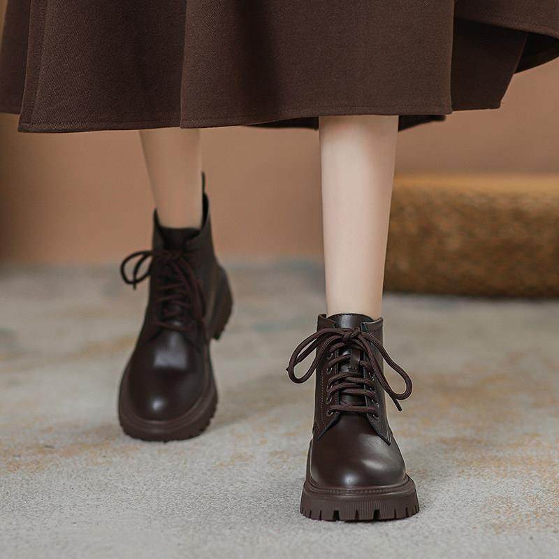 Exploits Martin boots women genuine leather 2023 new autumn and winter plus suede with small short boots Inlenty wind lace thick bottom single boot-Taobao