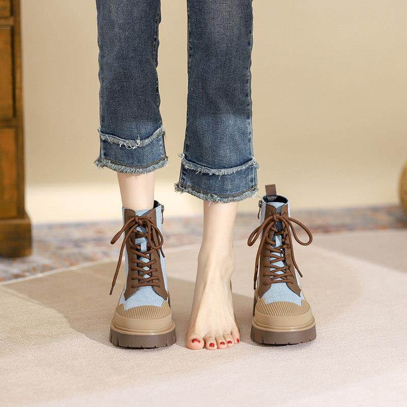 Lace Martin boots female Inn Wind 2023 autumn winter new single boot genuine leather plus suede thick bottom matching dresses short boots-Taobao
