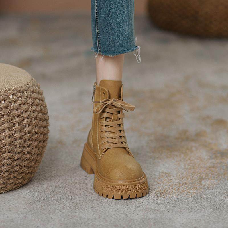 Real leather popcorn Martin boots women 2023 autumn winter new single boots with velvety lace Inn wind small sub-thick bottom short boots-Taobao