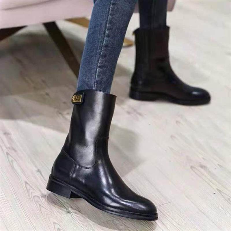Genuine leather single boot 2023 autumn winter new rear zipper round head coarse heel Martin boot female gush with Inn wind short boots-Taobao