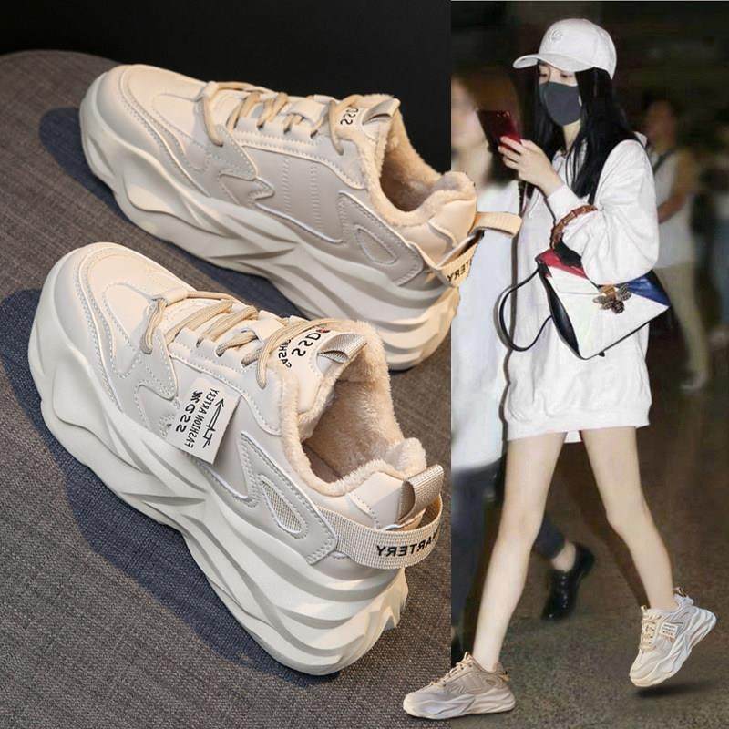Real leather gush old daddy shoes women 2023 autumn winter new exploits 100 hitch round head thick bottom lace casual sneakers-Taobao