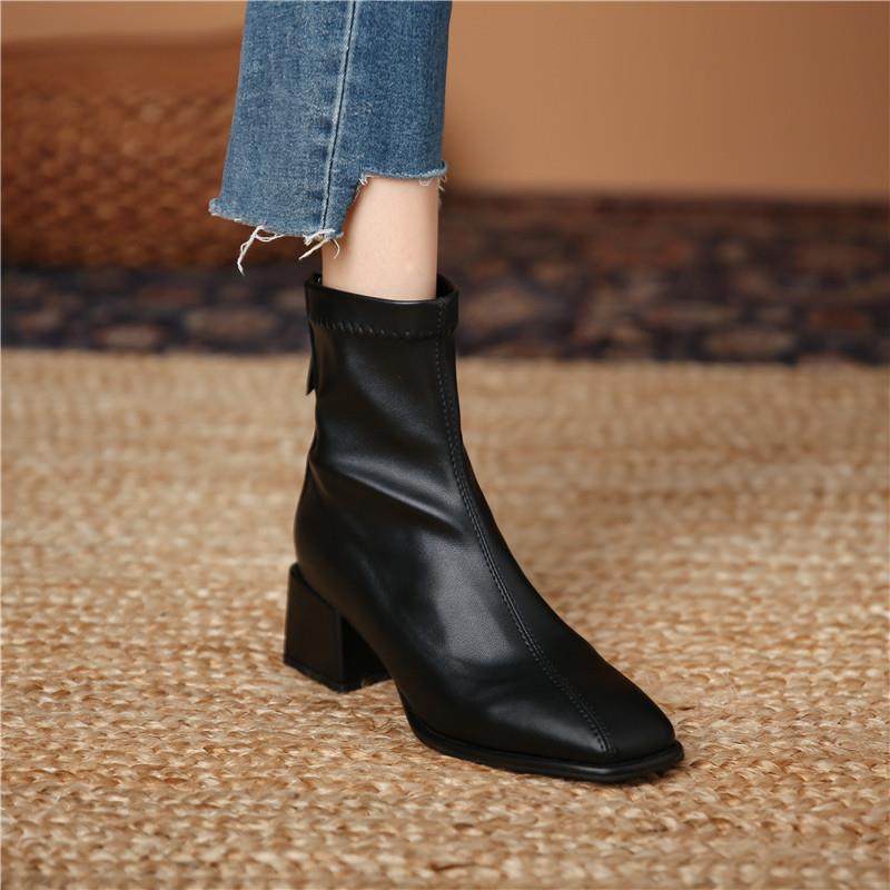 Thin skinny short boots woman 2023 autumn winter new burst plus suede square head coarse high heel elastic and ankle boots genuine leather Martin boots-Taobao