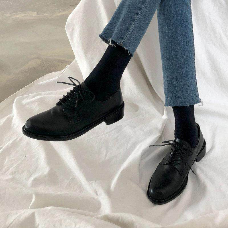 Gush small leather shoes women 2023 autumn winter new Inn wind retro round head single shoes coarse heel flat bottom 100 hitch hiking shoes-Taobao