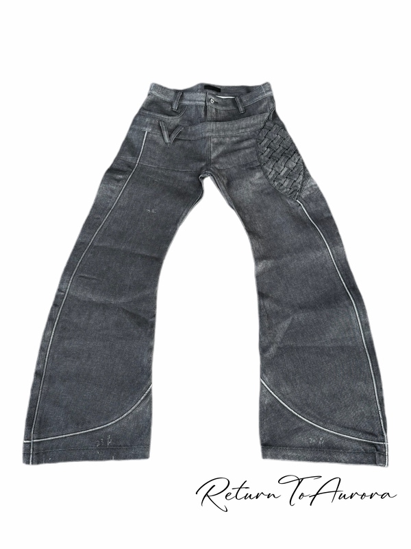 Heavy-Duty Stock! Returntoaurora Vine Double-Waist Design Scimitar-Style Raw Denim Woven Wide-Leg Jeans