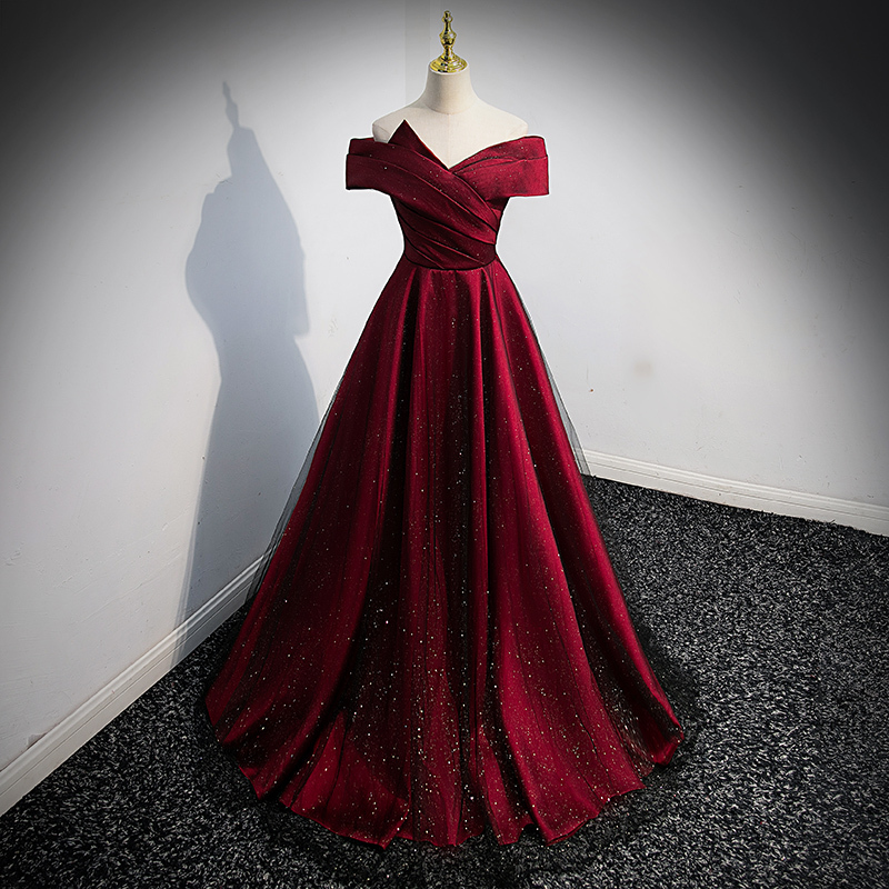 Bridal Toast Dress, One-Shoulder Burgundy Engagement Dress, Slimming Thank-You Banquet Dress, High-End Wedding Elegant Evening Gown for Women