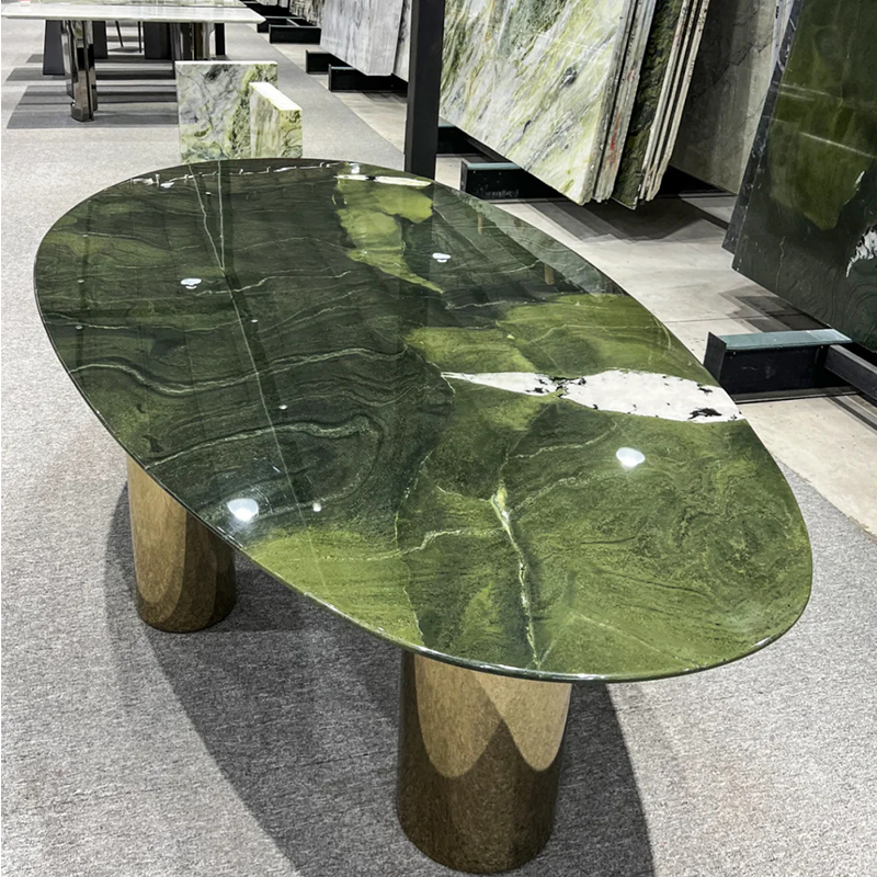 Modern Minimalist Green Natural Marble Drop-Shaped Dining Table, Italian-Style Light Luxury Avocado Green Luxury Stone Dining Table, Irregular Shape