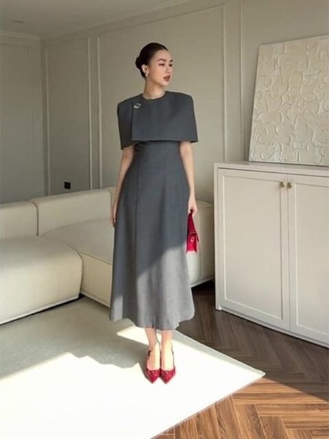 High-End French Retro Hepburn Style Faux Two-Piece Cape, Cinched Waist, Elegant Long Dress, Exquisite Formal Dress for Women