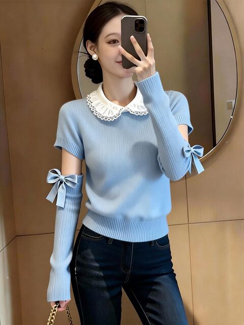 Korean-Style Youthful and Luxurious Gentle Blue Knit Sweater for Women, 2026 Spring New Fashion Age-Reducing Exquisite Top