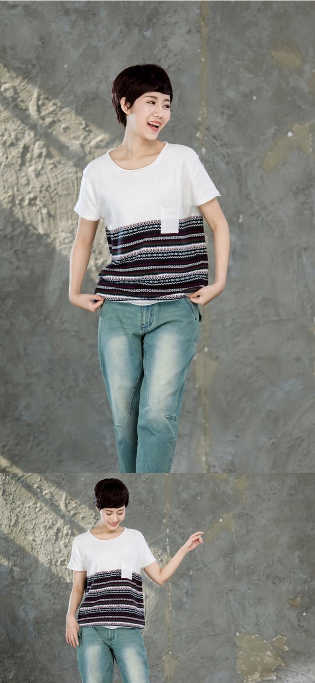 Maisu sọc tròn cổ ngắn tay cotton dòng áo len nữ mùa hè lỏng lẻo nửa tay áo sơ mi cardigan len