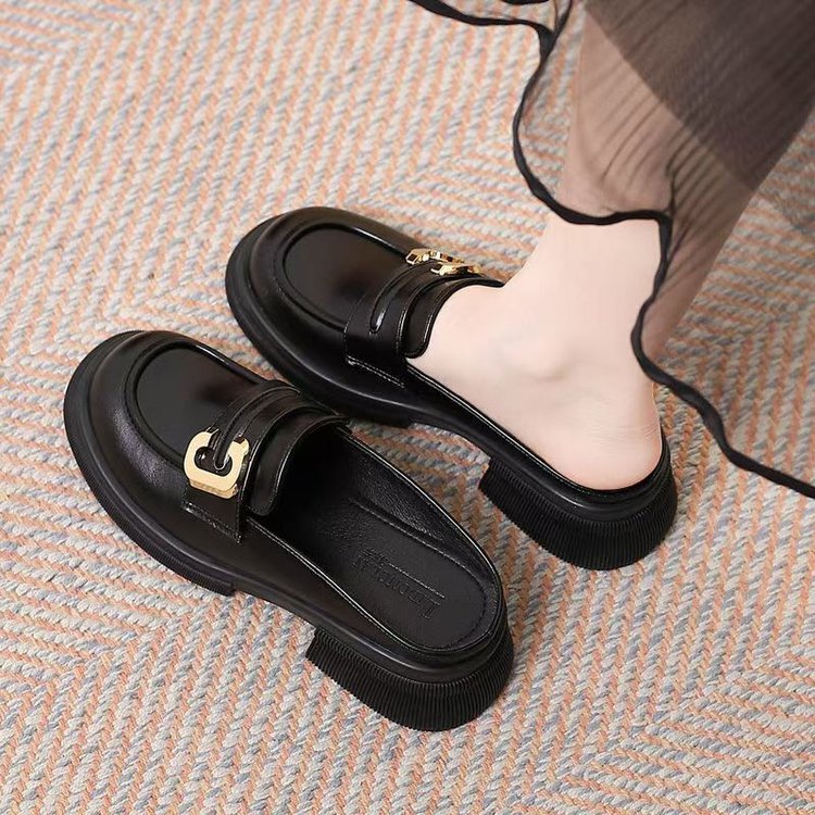Brand Genuine Leather Closed-Toe Slip-On Leather Shoes 2026 Spring/Summer Mules Thick-Soled British Style Sandals Slip-On Loafers