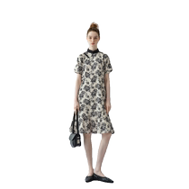 (Dark Night Rose) puretea tea print satin cotton dress womens new Chinese style plate buckle 2024 Xia Xin