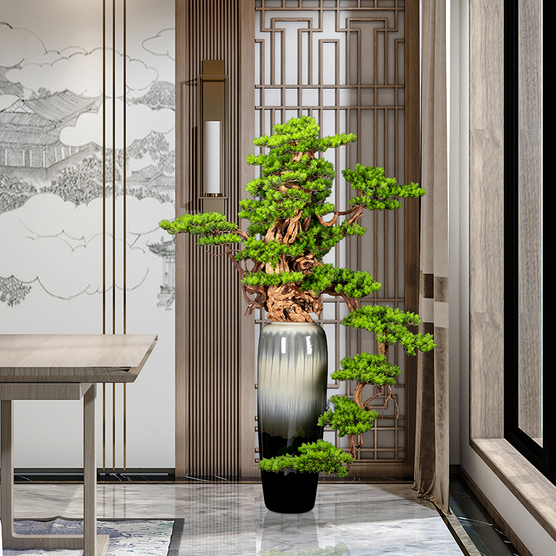 New Chinese-style simulation welcoming pine bonsai office interior decoration green plant fake tree hotel large-scale floor-to-ceiling landscaping decoration