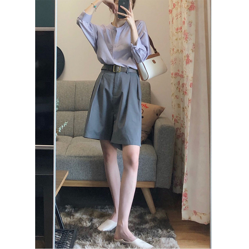 Gray High-Waisted Bermuda Cargo Shorts for Women, Summer Drapey Straight-Leg Wide-Leg Pants, Petite Five-Point Pants, A-Line Pants
