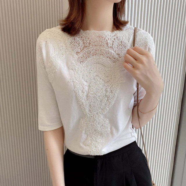 Discount cut label export luxury brand withdrawal European goods counter splicing lace ice silk sweater t-shirt for women