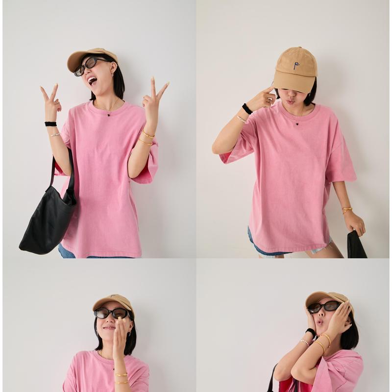 Aze Pink Mist Sakura Summer Pink 100% Cotton Loose Drop Shoulder Simple Comfortable Oversized Dopamine Short Sleeve T-Shirt