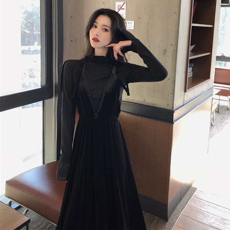 Large-yard woman fat sister carefully machine thin suit early spring new network velvet hanging dress two pieces
