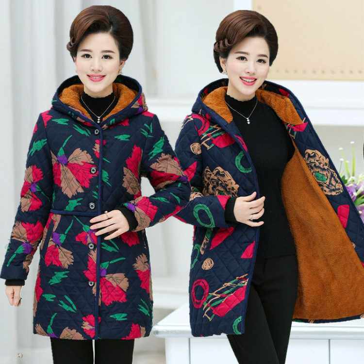 Winter plus velvet padded cotton-padded women's long version of cotton-padded jacket warm cotton-padded jacket for middle-aged and elderly people 50-60 years old wear mother's clothes