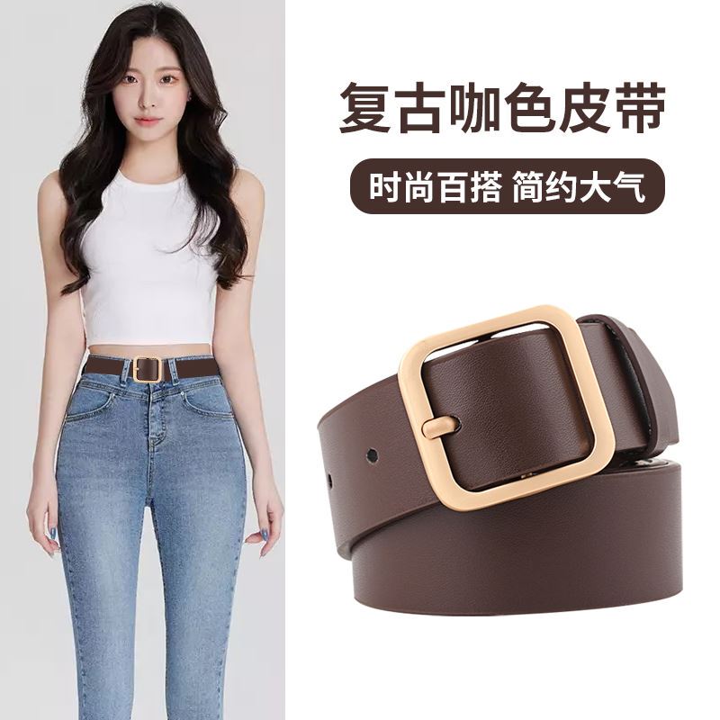 Women's Coffee-Colored Belt, New Vintage Belt with Square Buckle, Student Decorative Jeans Belt, Black Belt for Women with Skirts Women's Coffee-Colored Belt, New Vintage Belt with Square Buckle, Student Decorative Jeans Belt, Black Belt for Women with Skirts