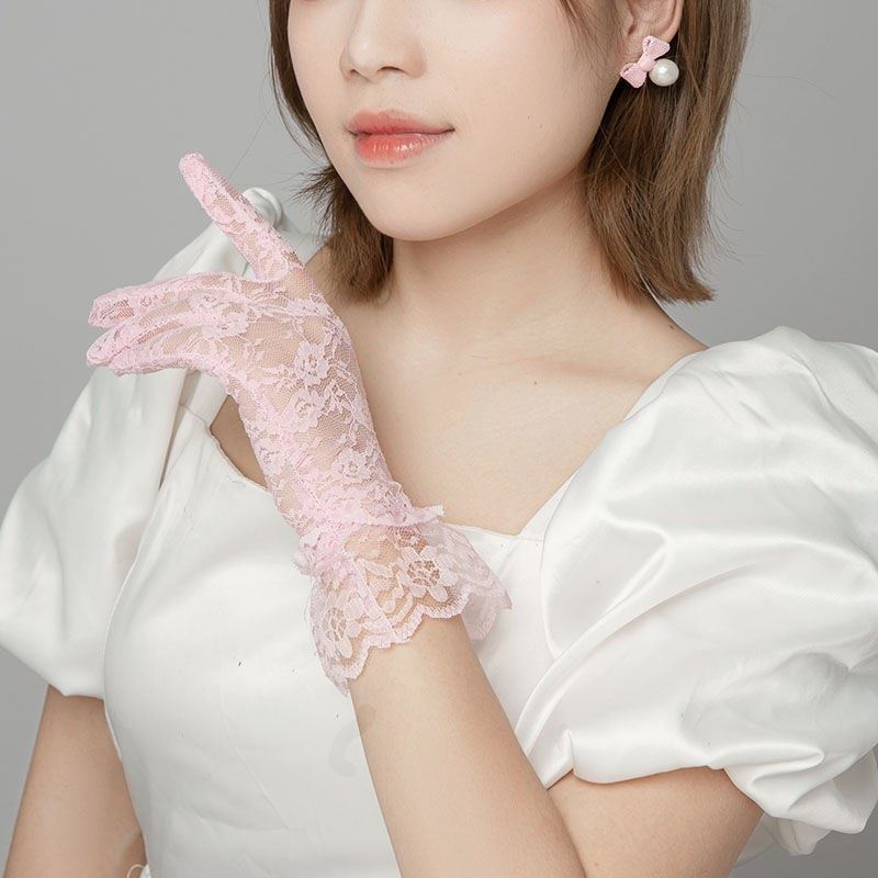 Lace Gloves, Versatile for Summer, Thin Style for Women, Vintage Socialite Bride Cheongsam Accessories, Elegant and Sexy Pink Mesh