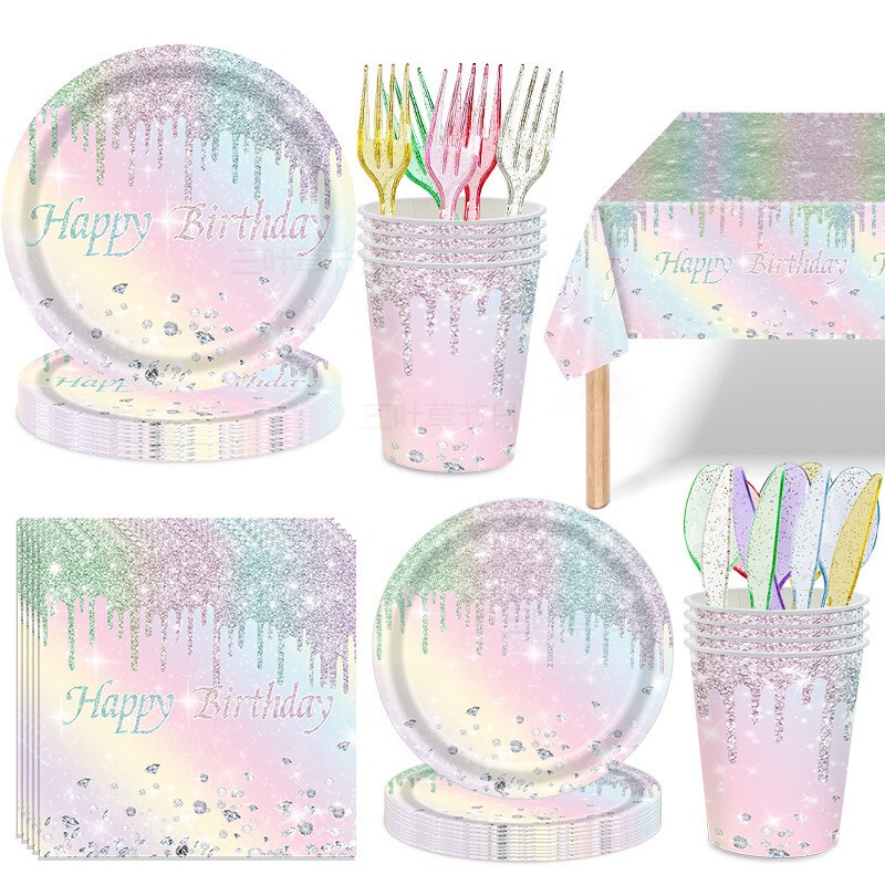Gradient Rainbow Macaron Color Birthday Holiday Paper Plates Paper Cups Tablecloth Arrangement Heart Bear Party Decoration Tableware