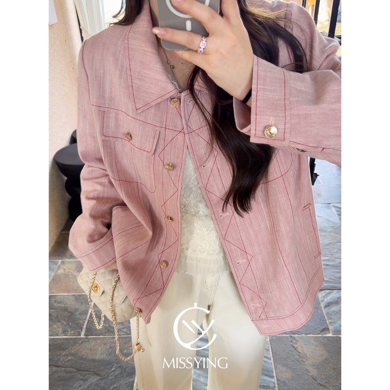 Miss Ying's Plus-Size Women's Clothing [Bach Old Testament] Black Label Pink Textured Linen Shirt, New Spring Cardigan with Cotton