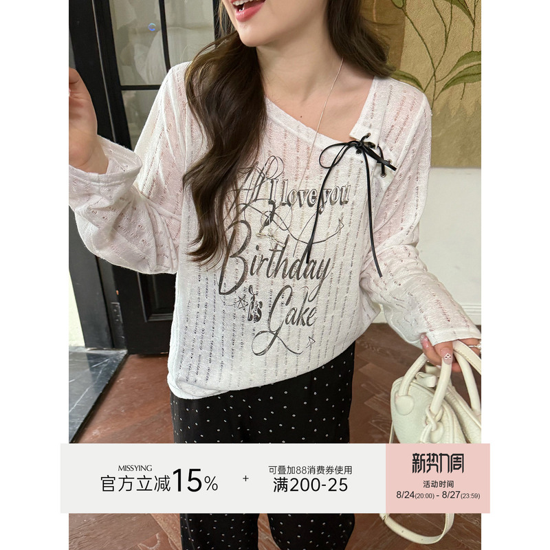 Miss Ying's Plus-Size Women's Clothing [Gift] Bowknot Letter Print Long-Sleeve T-Shirt New Style for Chubby Women Hollow-Out Top