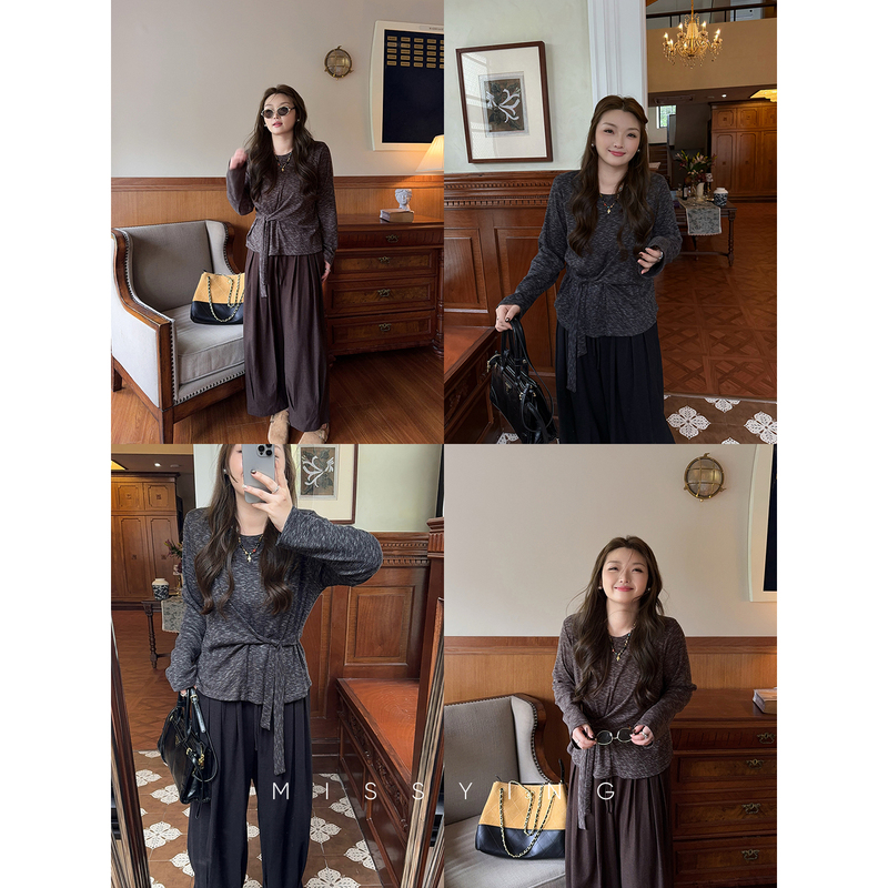Miss Ying's Plus-Size Women's Clothing [Earl Grey] Retro Design Knitwear New Style Waist-Cinching Slimming Long-Sleeve Top