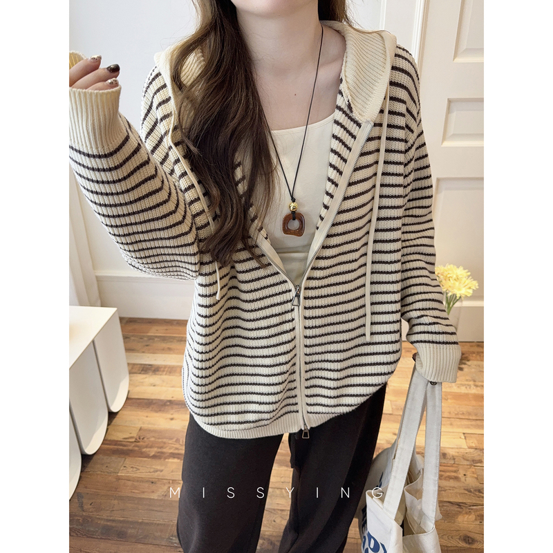 Miss Ying's Plus-Size Women's Clothing [Relaxing Moment] Double-Zipper Striped Knit Sweater New Hooded Cardigan Cotton Top