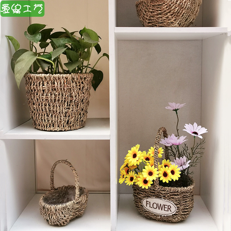 Straw woven flower basket succulent flower pot hand-woven green plant flower device portable dried flower basket round straw woven basket decoration