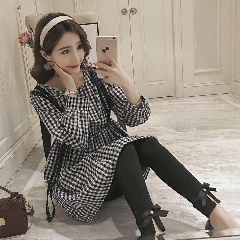 Pregnancy Maternity Dress 2022 Spring New Fashion Middle Long Version Cotton Linen Plaid Shirt Splicing Long-sleeved Pregnant Woman Ocean Wave