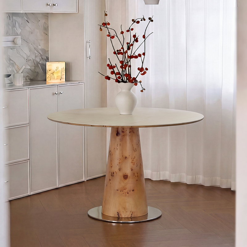Chun Di Designer Bauhaus Solid Wood Tree Stump Round Dining Table and Chair Set Round Table with Travertine Stone Top Travertine Dining Table Chun Di Designer Bauhaus Solid Wood Tree Stump Round Dining Table and Chair Set Round Table with Travertine Stone Top Travertine Dining Table