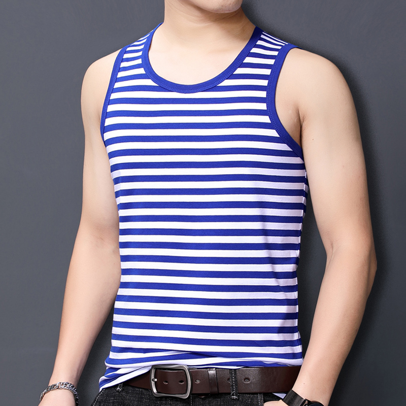 Summer Sailor-Style Tank Top for Men, Sleeveless T-Shirt, Pure Cotton, Blue and White Striped Vest, Sports Elastic Vest for Middle-Aged and Elderly People