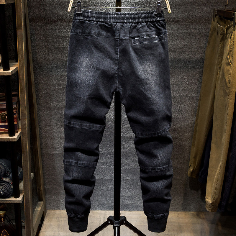 2022 spring in black tightness waist comfort jeans Men's youth Korean version Trend elastic Harun bunches pants-Taobao