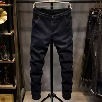 Tide brand 2021 spring new men's black cat must wear jeans Korean slim feet stretch casual trousers