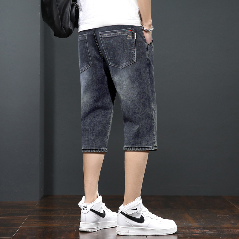 新唐デニムショートパンツメンズクロップドパンツ2025新作夏細身ゆったりストレートファッションブランド伸縮性ハーフレングスパンツ