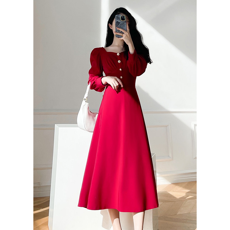 2023 Fall new French style retro waist display slim normally can wear betrothed banquet red gown with dress woman-Taobao