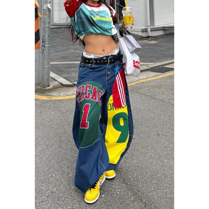 American-Style Spicy Girl Retro Design Color-Block Patchwork Printed Jeans for Women 2026 New Loose Wide-Leg Pants Trendy