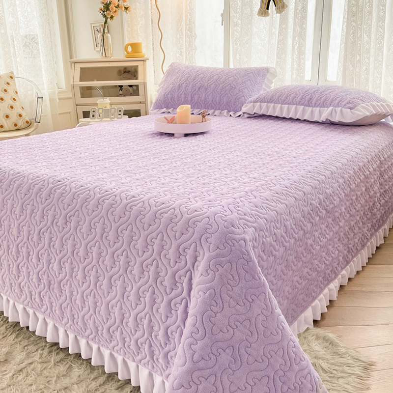 Princess-Style Purple Milk Velvet Bed Cover Three-Piece Set Winter Thickened Tatami Coral Flannel Bed Sheet Single Piece for Women
