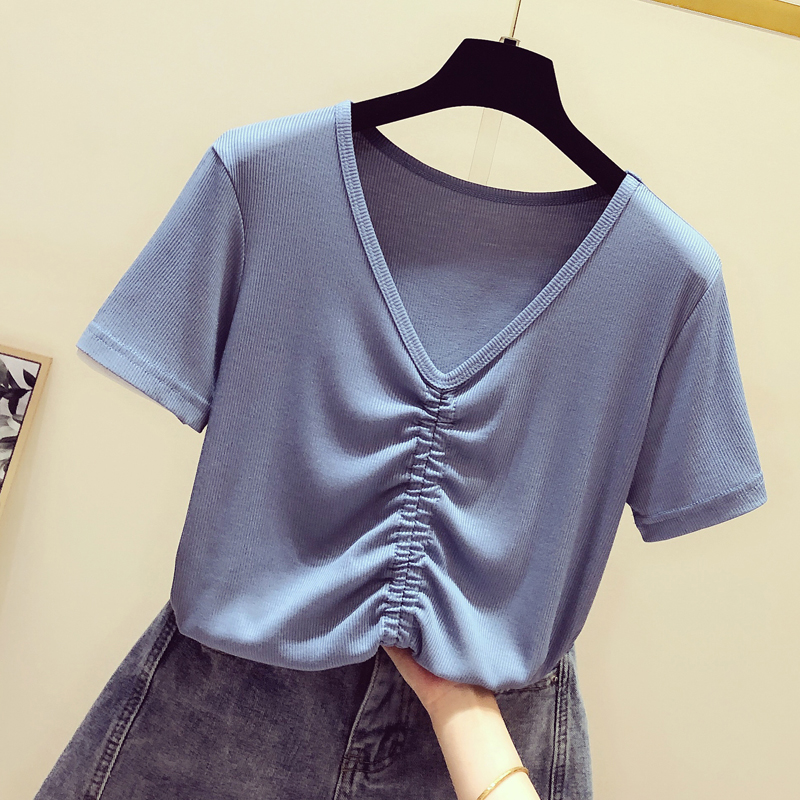 Tide brand v-neck drawstring knitted top women's 2021 summer new Korean version loose slim casual all-match short-sleeved T-shirt