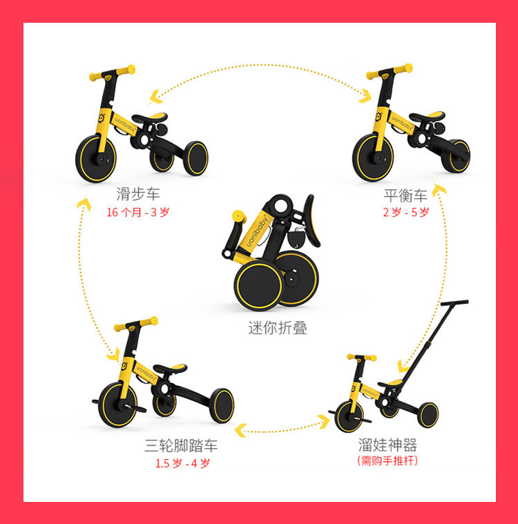 Трехколесный велосипед uonibaby儿童三轮车溜娃神器宝宝玩具1-4岁脚踏车轻便可折叠手推