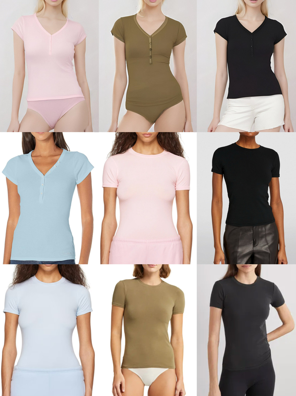 Baby's Same Style Skims Nv Kardashian New Retro Henry Multi-Button Solid Color Washed V-Neck Round Neck T-Shirt
