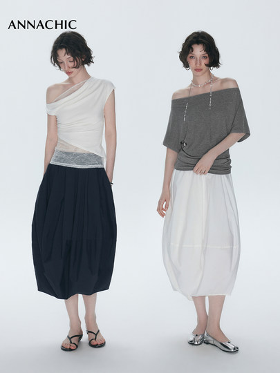 ANNACHIC遮肉神裙_白色立体花苞半身裙女_松紧腰褶皱空气感半裙