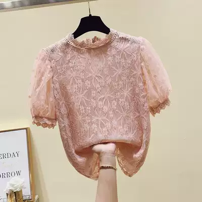 South Korea summer new retro heart machine lace high-end small shirt women's short sleeve foreign pie hollow chiffon top ins tide