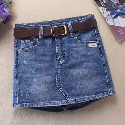 South Korea summer new elastic denim short skirt pants women's skirt fake two anti-light thin bag hip hot pants tide